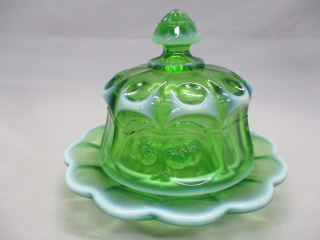 Mosser Green Opalescent Cherry Thumbprint Butter Dish (1 of 6)
