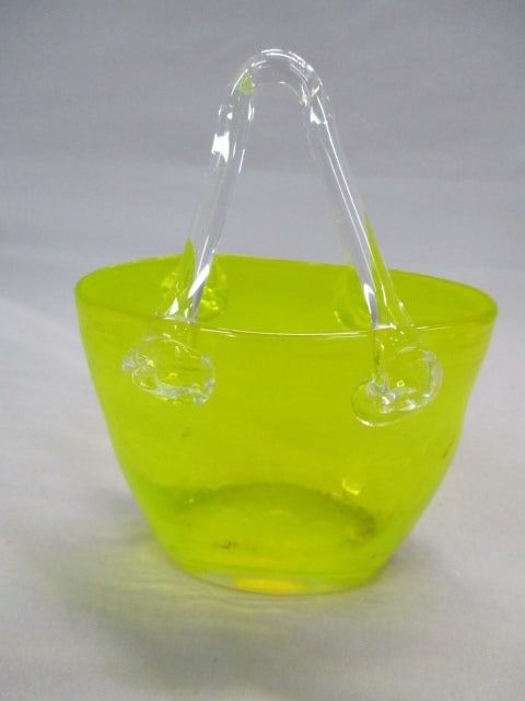 Hand-Blown Yellow Art Glass Vase: Shaped Like Ladies Handbag 5" x 7"