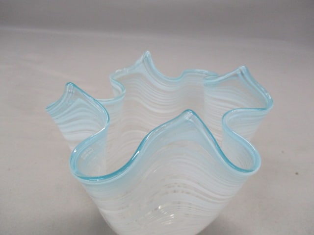 Vintage Murano Glass Blue & White Swirl Handkerchief Vase 5" x 4.5" - 2