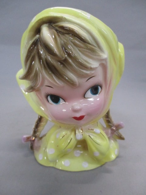 6" Inarco #E2523 Girl Head Vase: Small Chip on Scarf in Front - See All Pictures