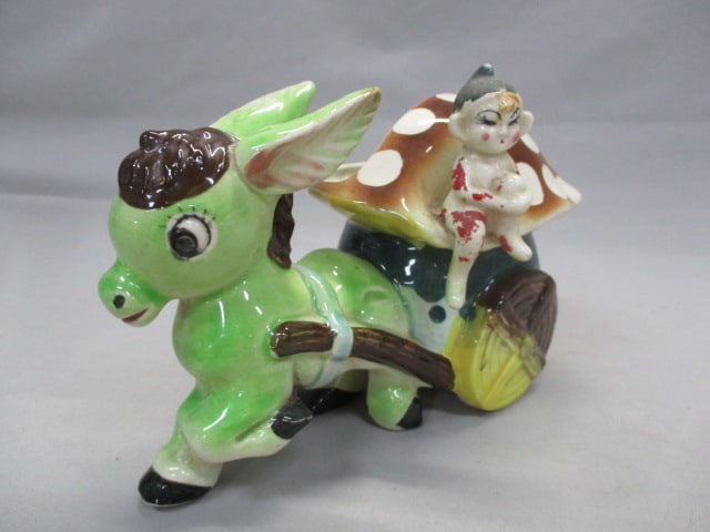 1950/60's Ceramic Donkey Pulling Cart w/Pixie Elf Planter (1 of 6)
