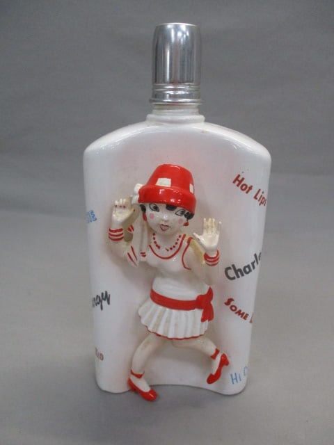 Vintage Ceramic 3D "Flapper Girl" Roaring 20's Flask Decanter: By Shafford #5615 5" x 10.5"