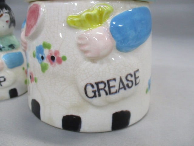 Vintage Tilso Granny Grease Jar 7" w/Matching Salt & Pepper Shakers 4" - 3