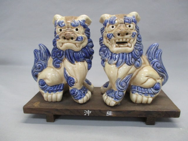 Japanese Shisa Ceramic Guarding Dog Statues on Wooden Base (1 of 7)