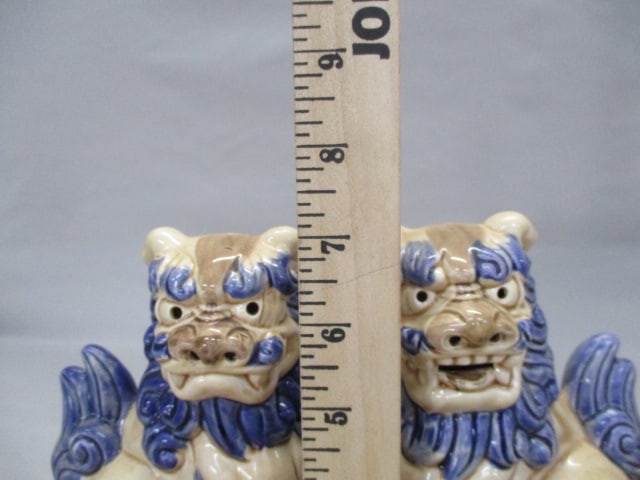 Japanese Shisa Ceramic Guarding Dog Statues on Wooden Base - 6