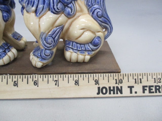 Japanese Shisa Ceramic Guarding Dog Statues on Wooden Base - 7
