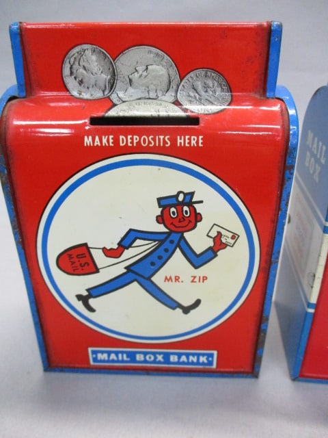 2 Vintage Tin Mailbox Banks "Mailman" & "Mr Zip" - 2