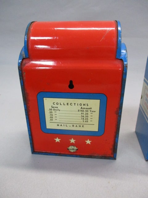 2 Vintage Tin Mailbox Banks "Mailman" & "Mr Zip" - 3