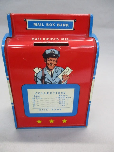 2 Vintage Tin Mailbox Banks "Mailman" & "Mr Zip" - 5