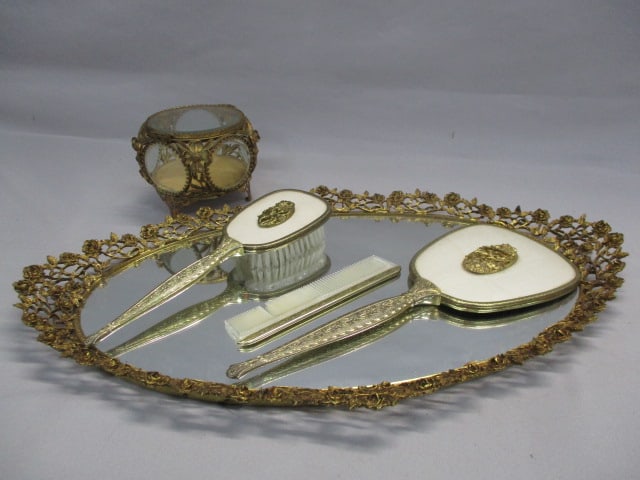 Vintage Vanity Set Mirror Tray, Brush, Comb & Hand Mirror: And Beveled Glass Jewelry Box