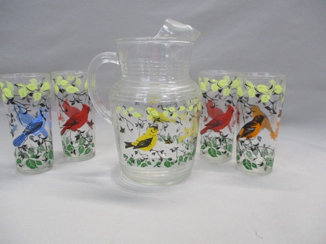 1950's Hazel Atlas Glass Pitcher 10" & 4 Glasses 6": .