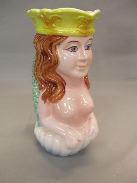 Vintage Ceramic Nude Mermaid Queen Toby Jug/Tankard: 9"