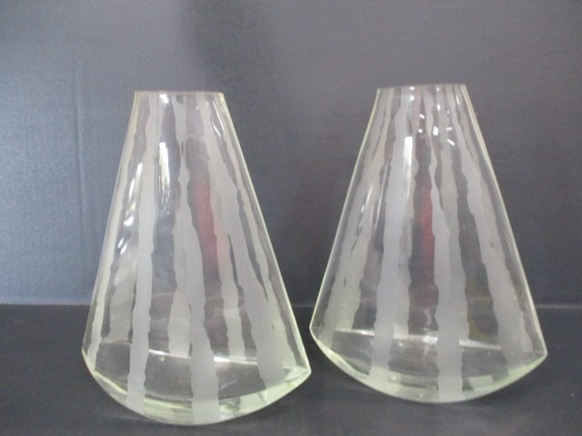 2 Clear Glass w/Frosted Stripes and Curved Bottom Vases: 9"