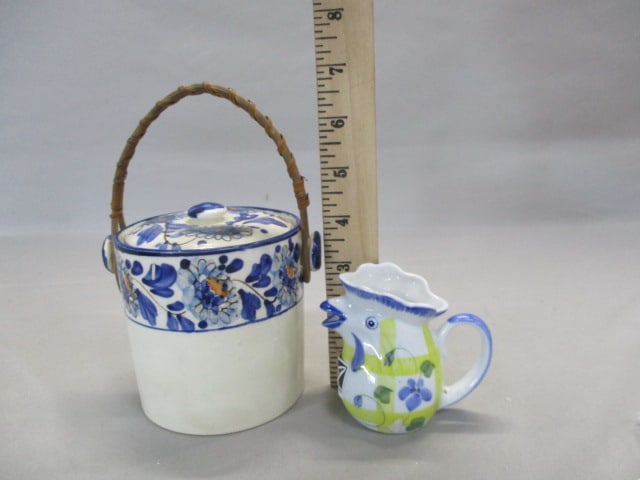 Vintage Ceramic Biscuit Jar w/Rattan Handle Made in Japan - 8