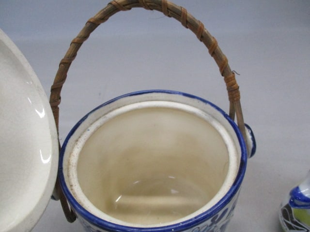 Vintage Ceramic Biscuit Jar w/Rattan Handle Made in Japan - 9