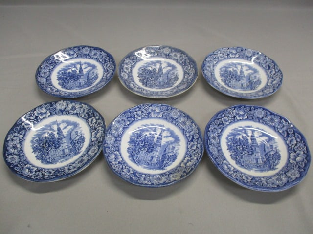 6 Liberty Blue Historic Colonial Scenes "Old North Church" Saucers: Made in England 5.5"