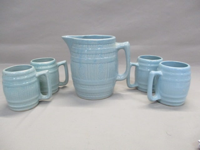 Vintage Stoneware Blue Barrel Pitcher w/4 Barrel Mugs (1 of 8)
