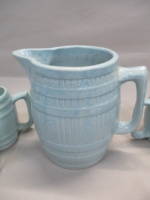 Vintage Stoneware Blue Barrel Pitcher w/4 Barrel Mugs - 2