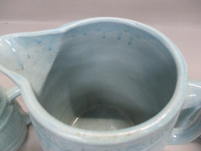 Vintage Stoneware Blue Barrel Pitcher w/4 Barrel Mugs - 3