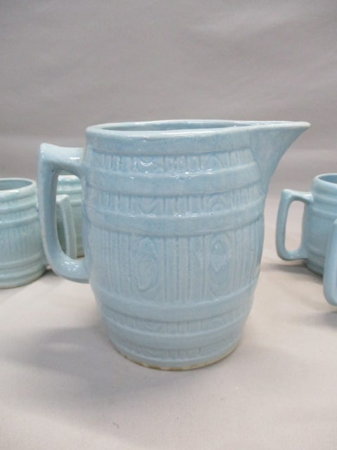 Vintage Stoneware Blue Barrel Pitcher w/4 Barrel Mugs - 4