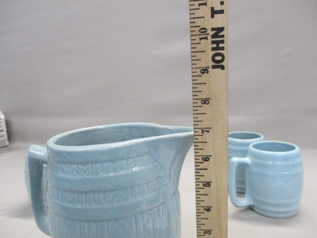 Vintage Stoneware Blue Barrel Pitcher w/4 Barrel Mugs - 6