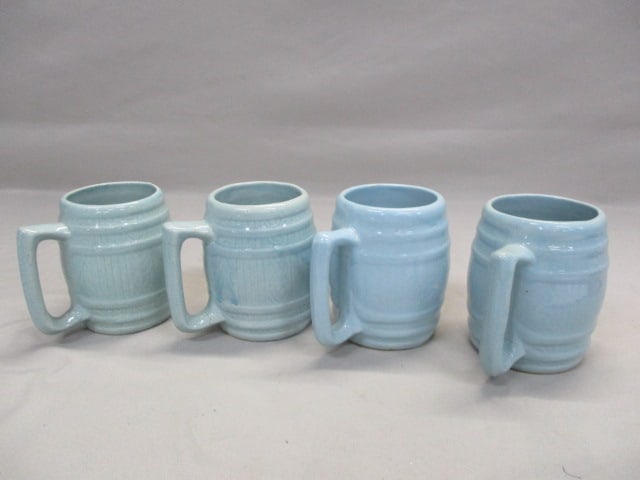 Vintage Stoneware Blue Barrel Pitcher w/4 Barrel Mugs - 7