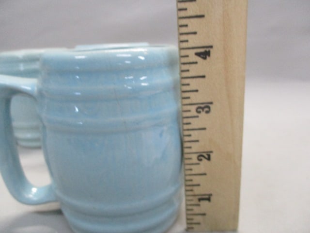 Vintage Stoneware Blue Barrel Pitcher w/4 Barrel Mugs - 8