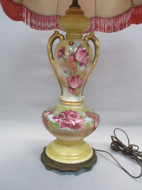 Antique Hand Painted Floral Porcelain Table Lamp w/Brass Base - 2