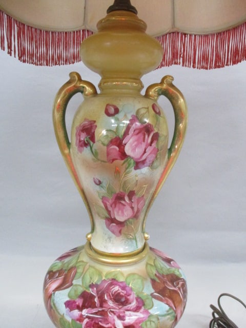 Antique Hand Painted Floral Porcelain Table Lamp w/Brass Base - 3