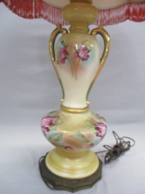Antique Hand Painted Floral Porcelain Table Lamp w/Brass Base - 7