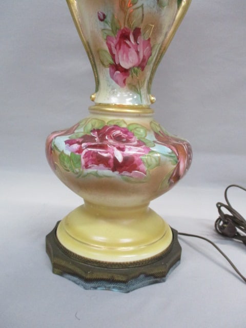 Antique Hand Painted Floral Porcelain Table Lamp w/Brass Base - 4