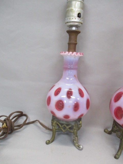 2 Fenton Cranberry Opalescent Coin Dot Lamps 11.5" - 2