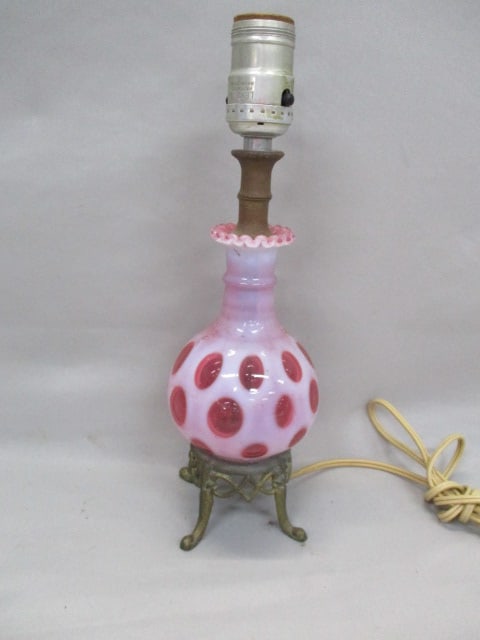 2 Fenton Cranberry Opalescent Coin Dot Lamps 11.5" - 5