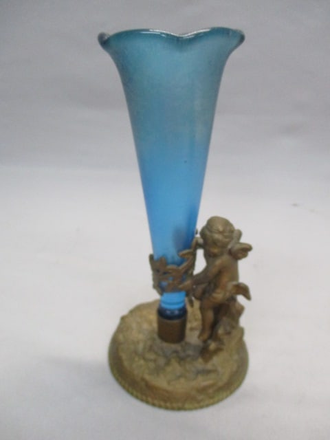 Victorian Blue Trumpet Epergne Vase w/ Cast Metal Cherub Base: 7.5"