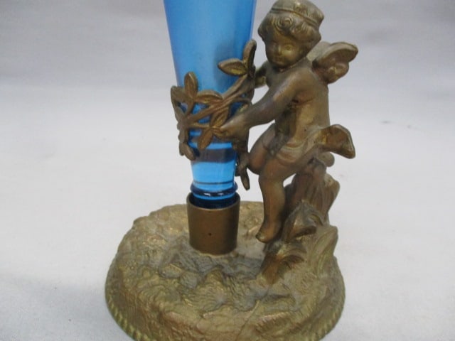 Victorian Blue Trumpet Epergne Vase w/ Cast Metal Cherub Base - 2