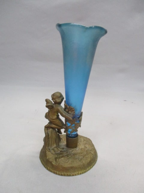 Victorian Blue Trumpet Epergne Vase w/ Cast Metal Cherub Base - 4