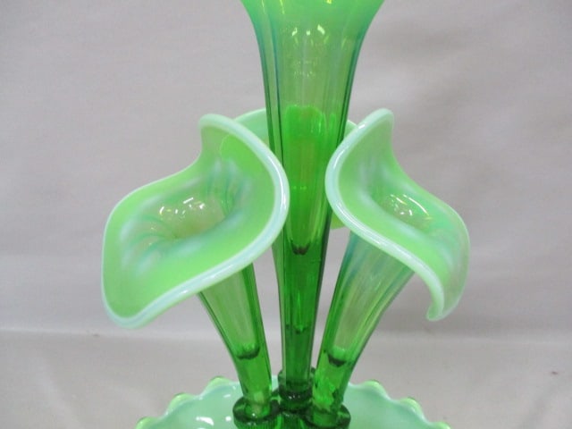 Vintage Northwood Epergne Wide Panel Opalescent Green - 4