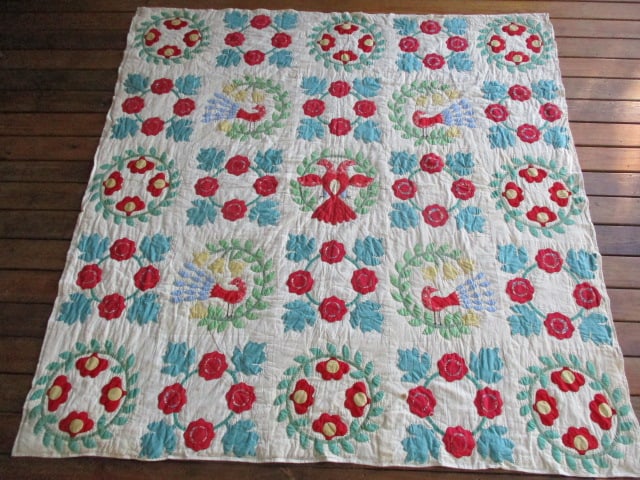 Vintage Southern Handmade Bird Applique Quilt: on White Cotton Backing 91"x 88"
