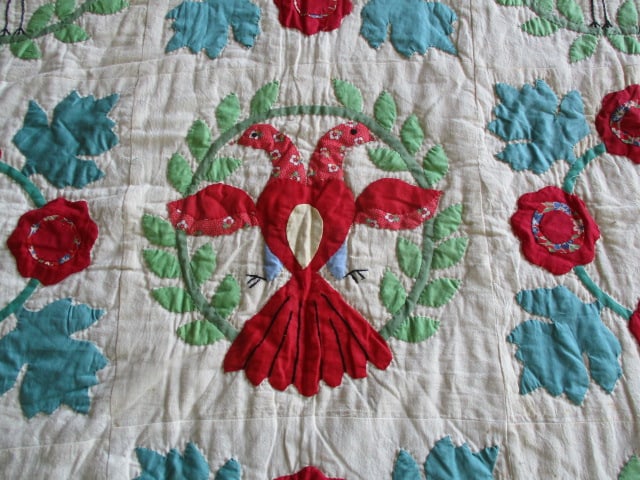 Vintage Southern Handmade Bird Applique Quilt - 6