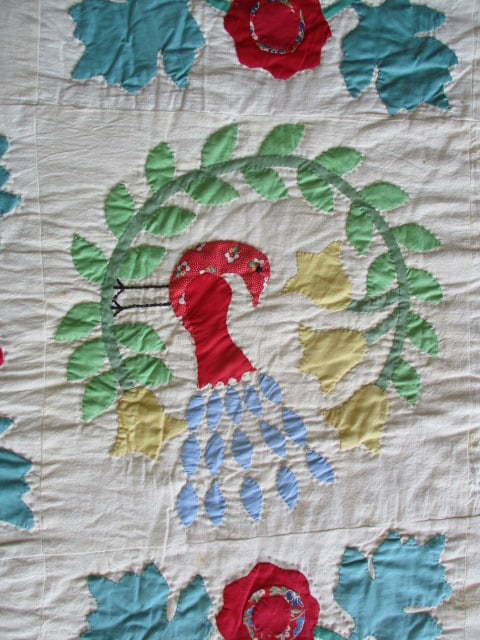 Vintage Southern Handmade Bird Applique Quilt - 7