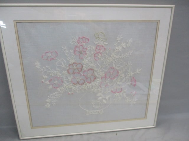 Vintage Framed Floral Design Embroidered Artwork (1 of 6)