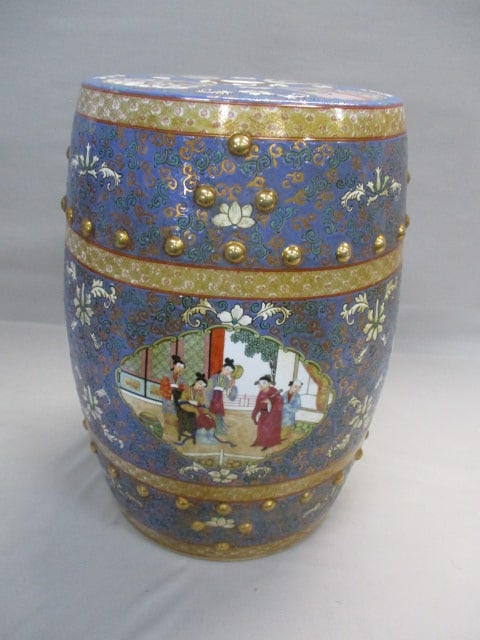 Late 20th Century Chinese Porcelain Barrel Shaped Garden Stool: Heavy Approx 19" x 12"