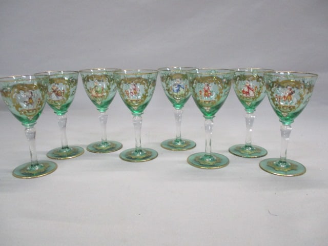 8 Vintage Murano Glass Wine Goblets w/Enameled Figures (1 of 8)