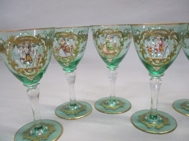 8 Vintage Murano Glass Wine Goblets w/Enameled Figures - 2