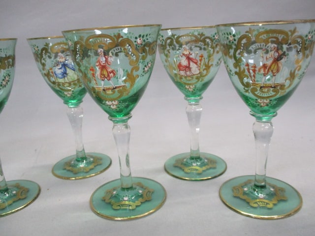 8 Vintage Murano Glass Wine Goblets w/Enameled Figures - 3