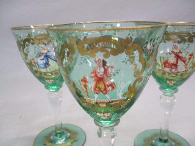 8 Vintage Murano Glass Wine Goblets w/Enameled Figures - 4