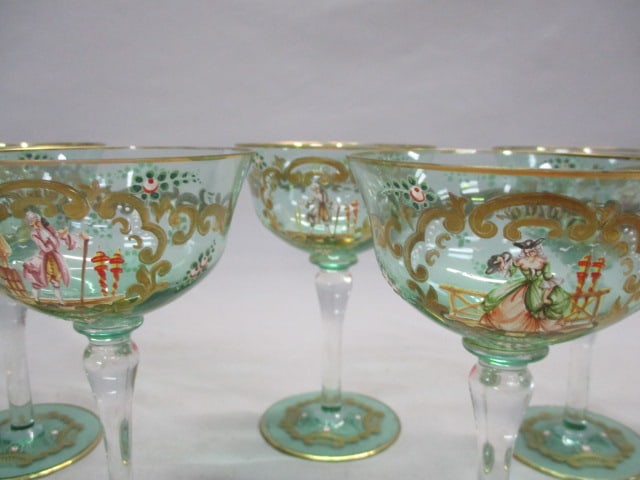 6 Vintage Murano Glass Champagne Glasses w/Enameled Figures - 2