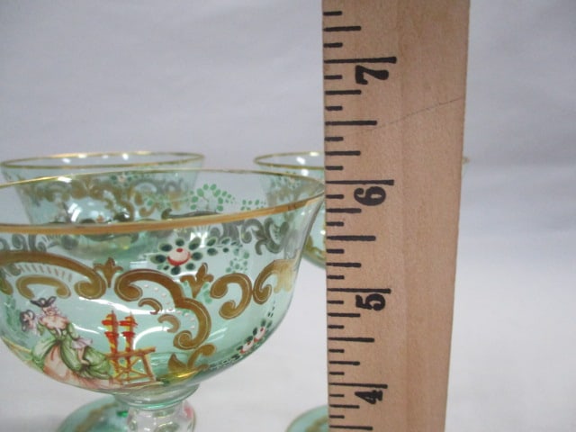 6 Vintage Murano Glass Champagne Glasses w/Enameled Figures - 4