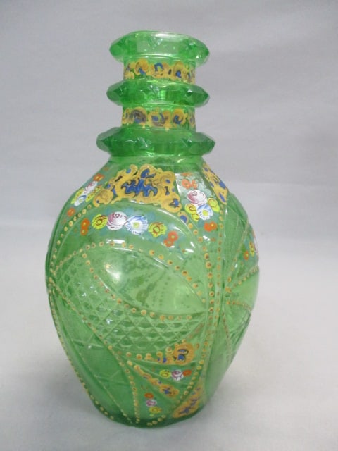 Vintage Bohemian Enameled Vaseline Glass Decanter 9" (1 of 8)