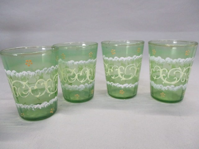 4 Bohemian Hand Painted Enameled Glasses 4": .